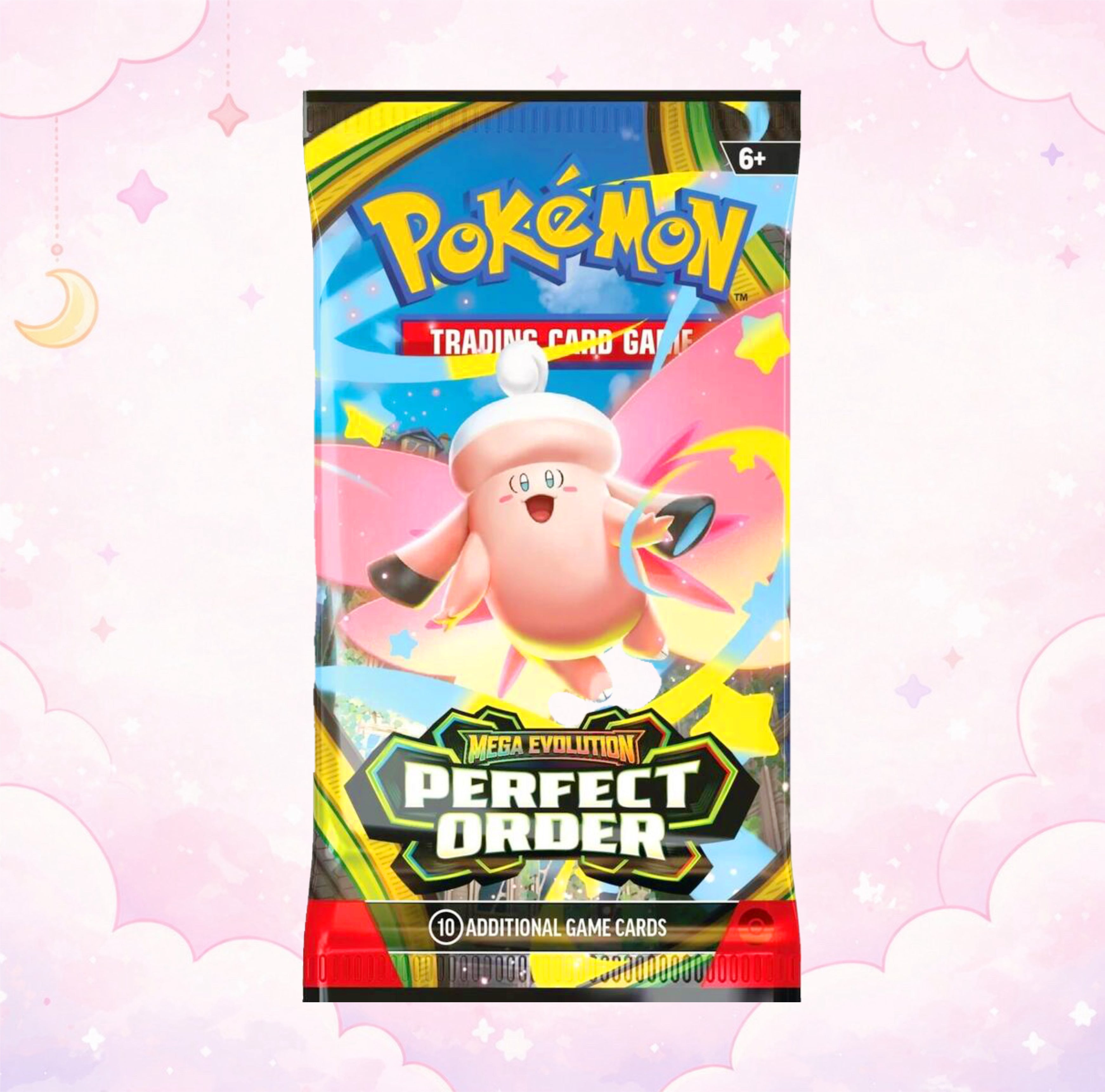 Sealed English Pokemon TCG Mega Evolution Perfect Order booster pack on a cozy pink pastel cloud background