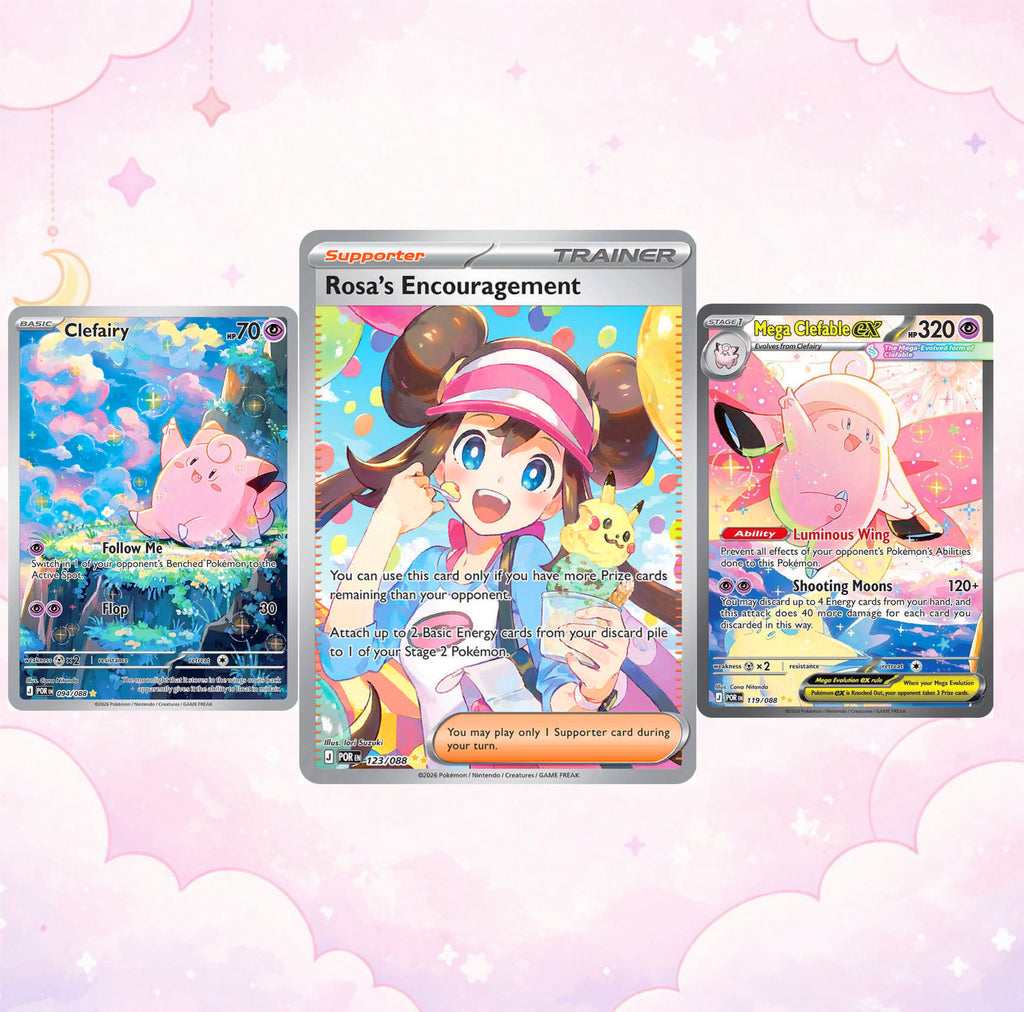 Pokemon Mega Evolution Perfect Order chase cards: Mega Clefable ex, Clefairy illustration rare, and Rosa's Encouragement trainer card on a pink cloud background