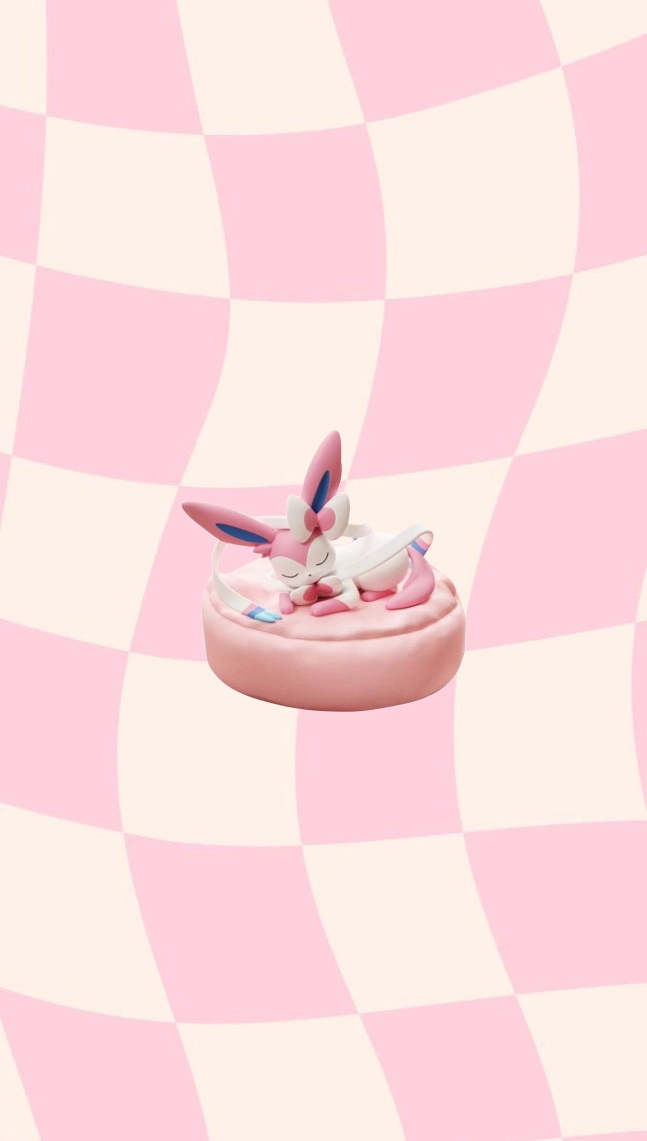 Hollybox sleeping Sylveon mini figure on a pink cushion, Sweet Dreams Sleeping Series blind box