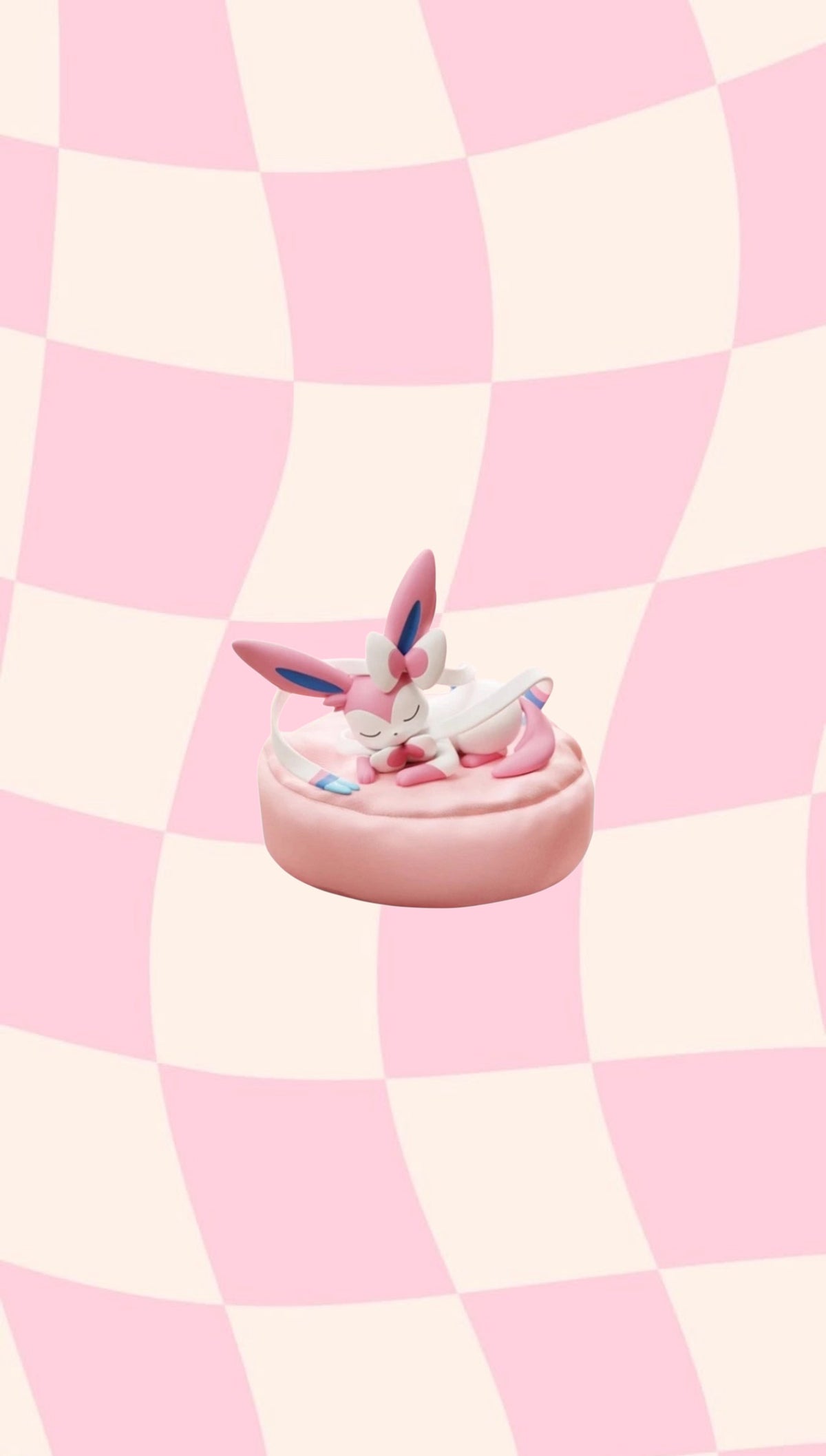 Hollybox sleeping Sylveon mini figure on a pink cushion, Sweet Dreams Sleeping Series blind box