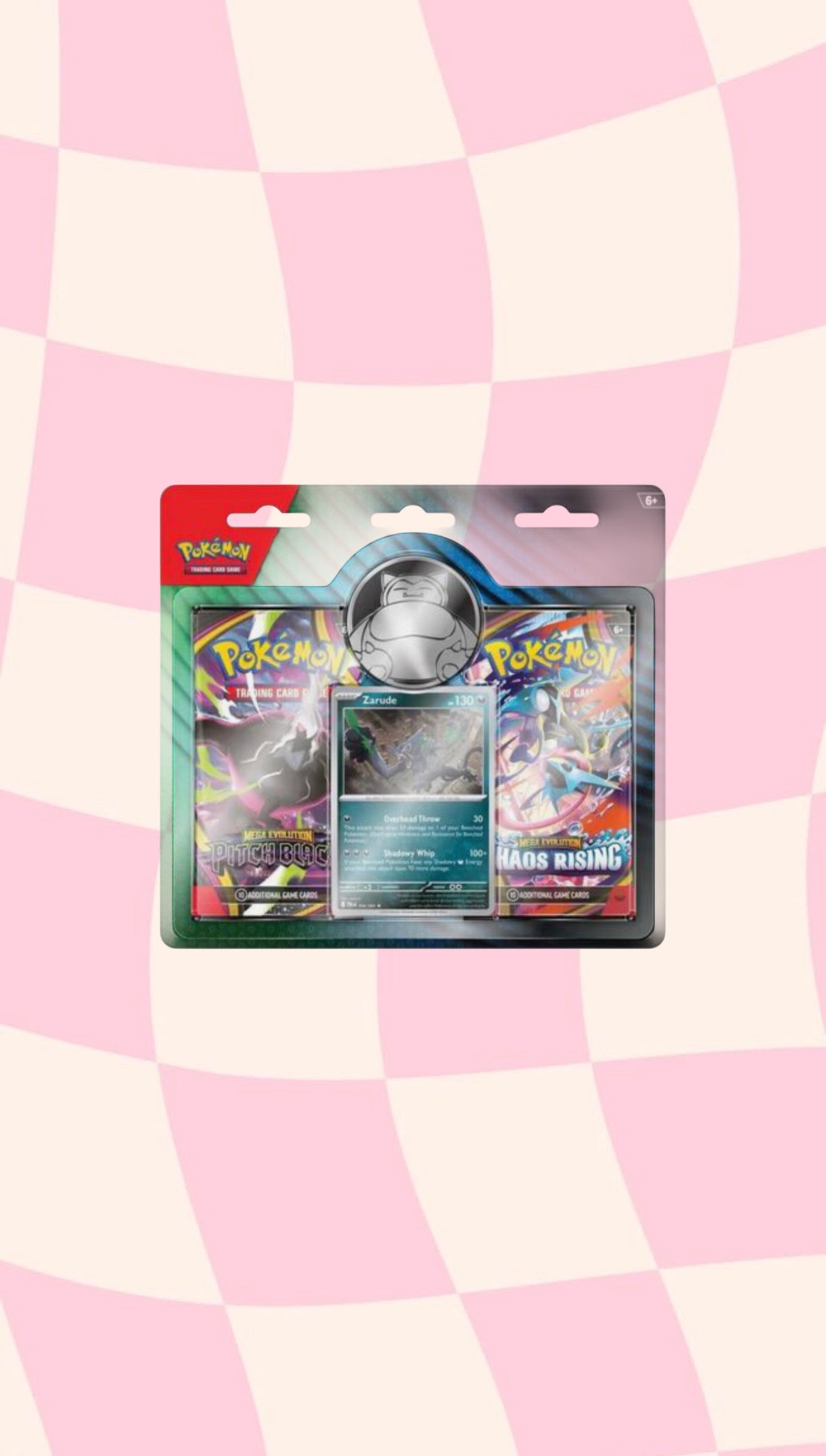 Factory-sealed Pokemon TCG Pitch Black x Chaos Rising 2-pack blister with Zarude art, Mega Evolution era booster packs