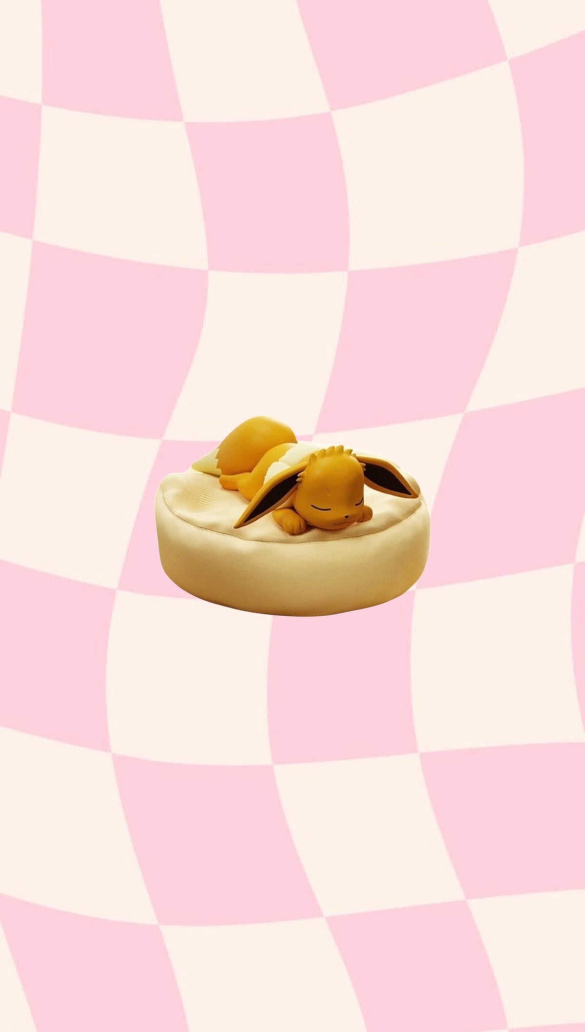 Hollybox sleeping Eevee mini figure curled up on a cream cushion, Sweet Dreams Sleeping Series