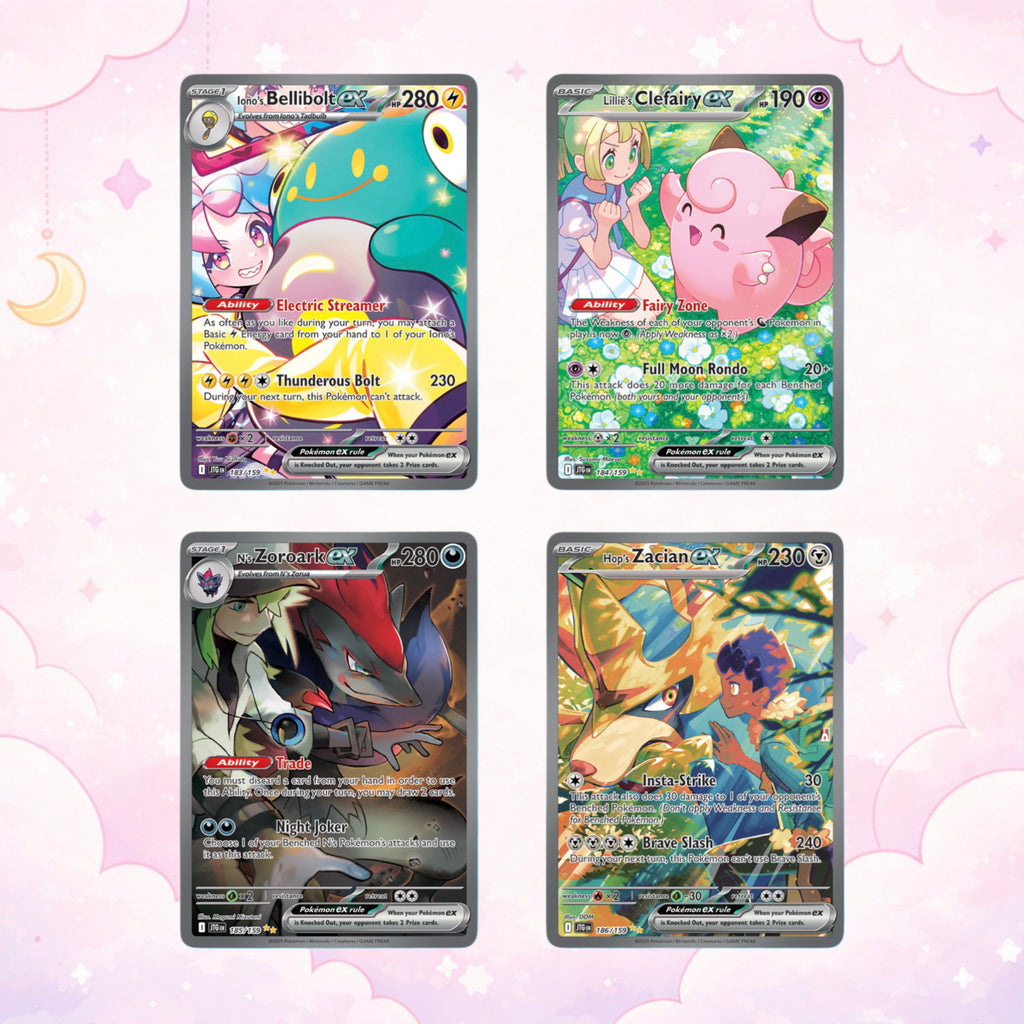 Pokemon TCG Journey Together sample cards - Bellibolt ex, Clefairy ex, Zoroark ex, and Zacian ex full art cards
