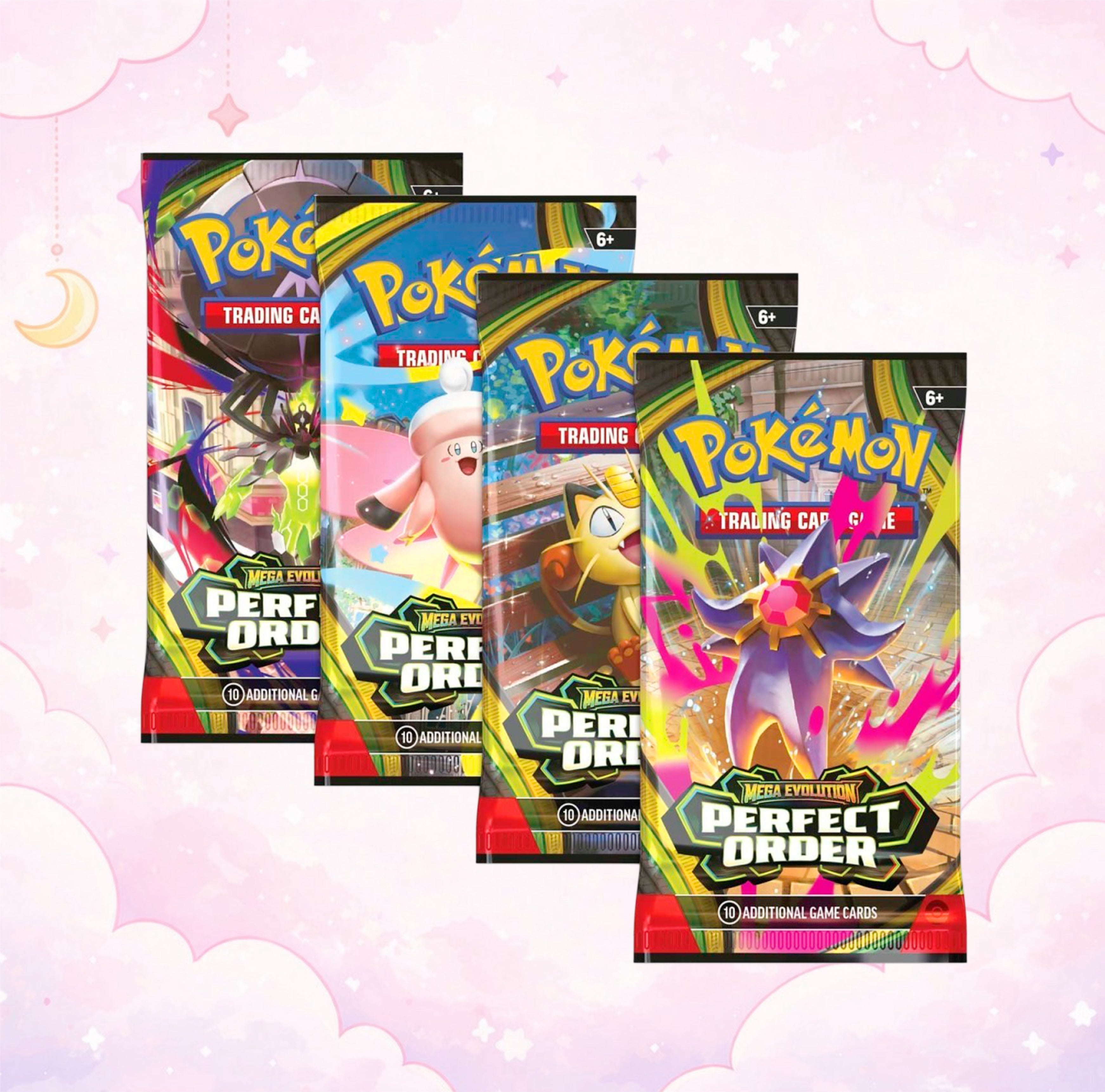 Four English Pokemon Mega Evolution Perfect Order booster packs fanned out showing the set's different pack artworks on a pink cloud background