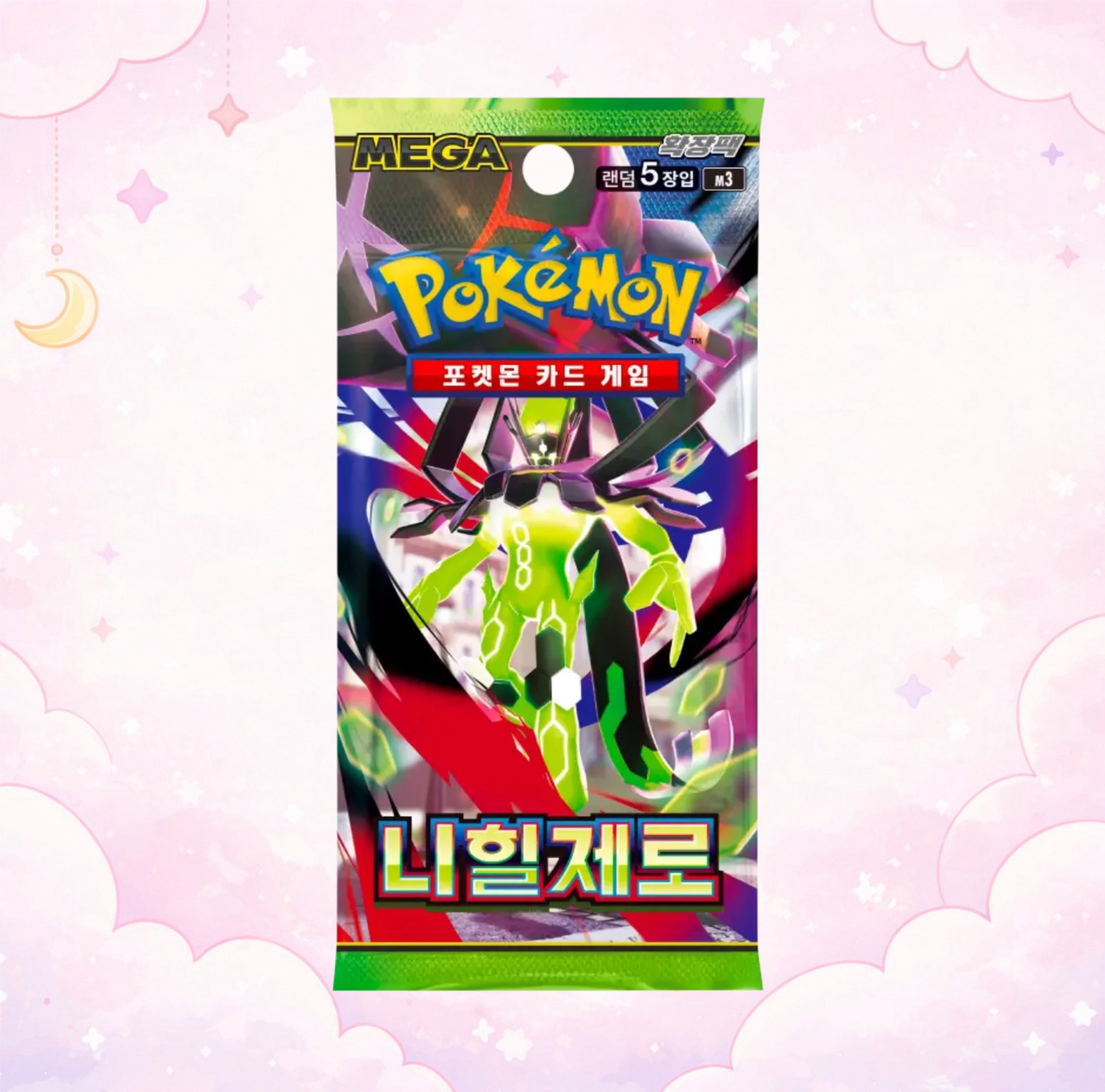 Sealed Korean Pokemon TCG Mega Munikis Nihil Zero M3 booster pack featuring Mega Zygarde ex, on a cozy pastel background