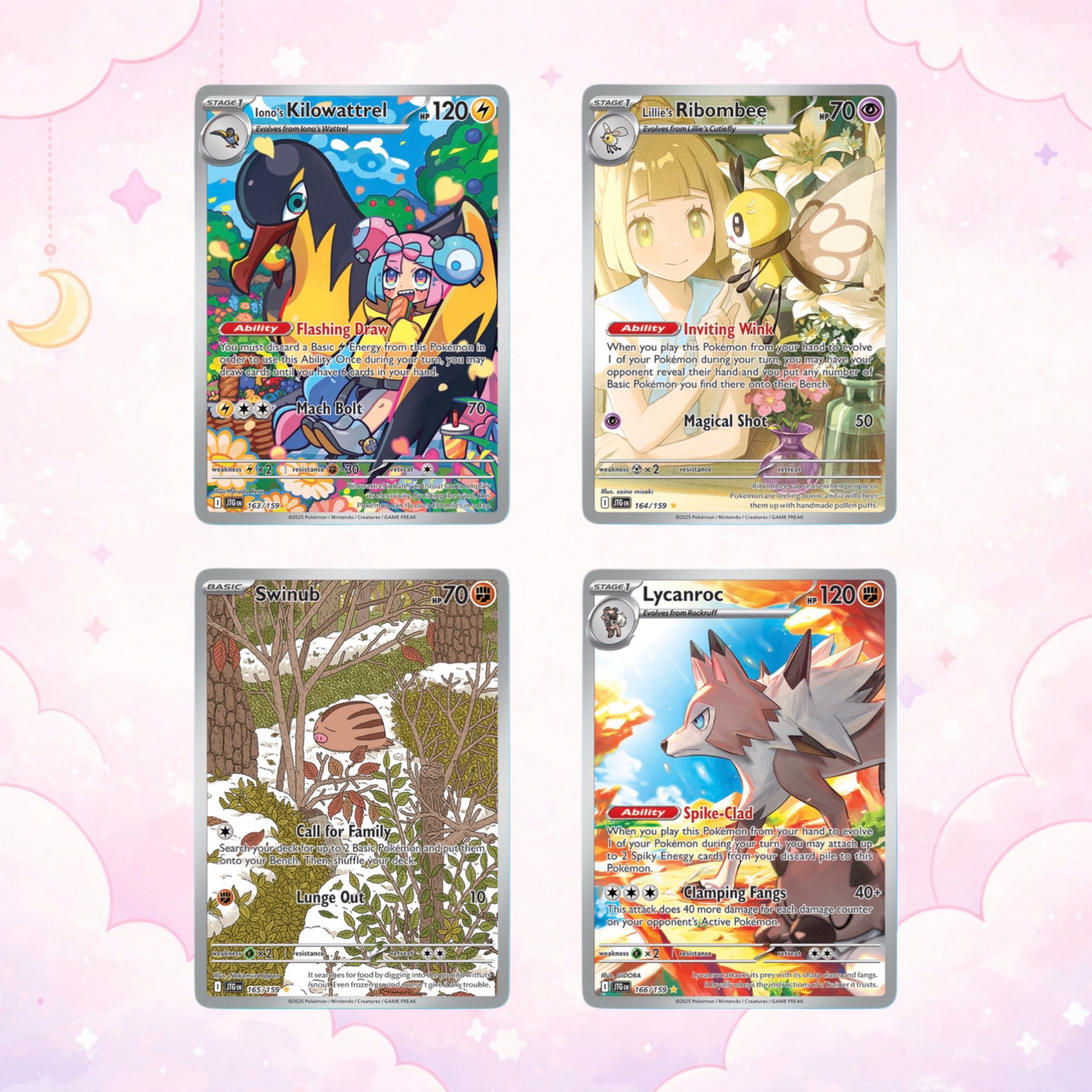 Pokemon TCG Journey Together illustration cards - Kilowattrel, Ribombee, Swinub, and Lycanroc with full art designs