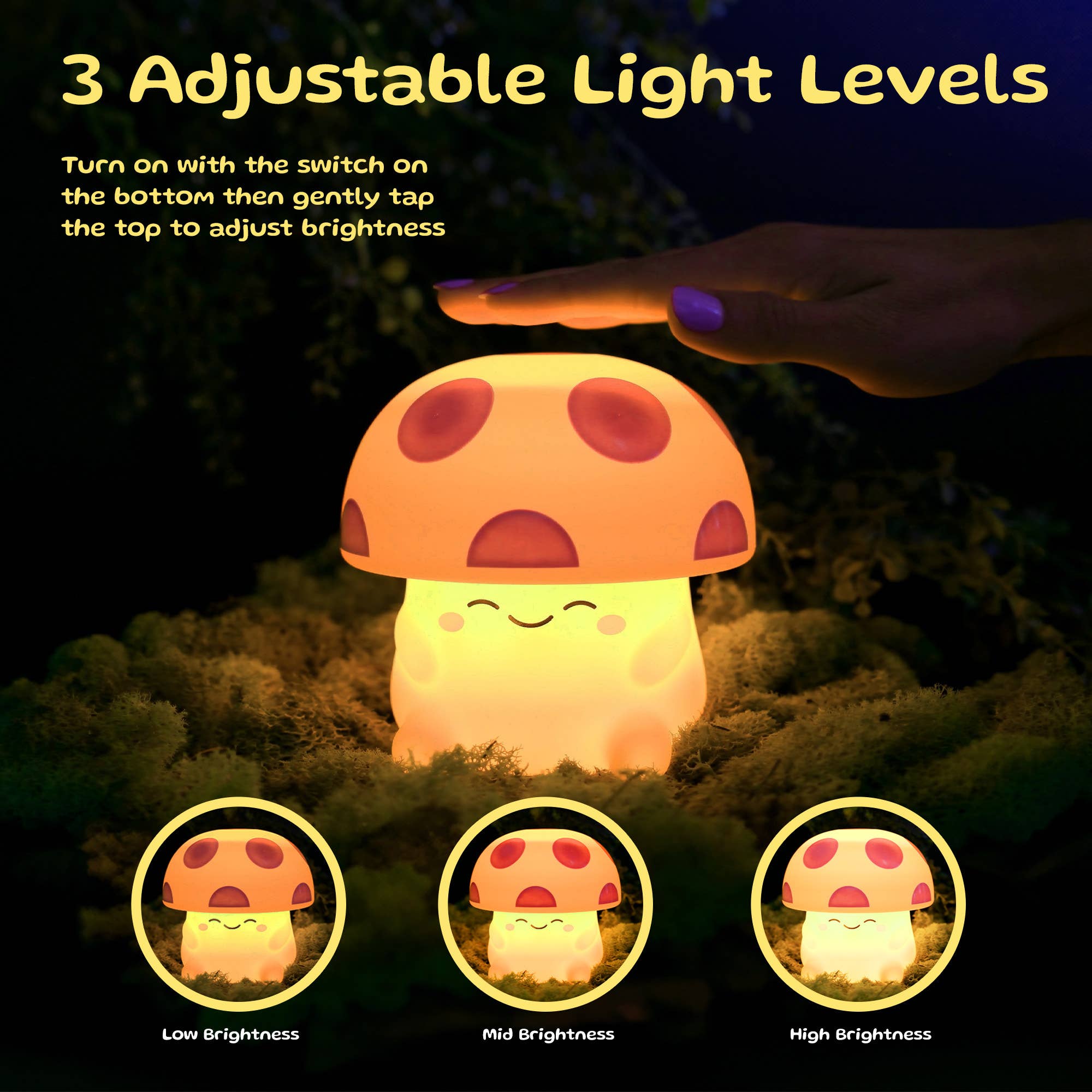 Infographic: the Mushi mushroom night light has 3 adjustable brightness levels, low, mid, and high, set by tapping the top
