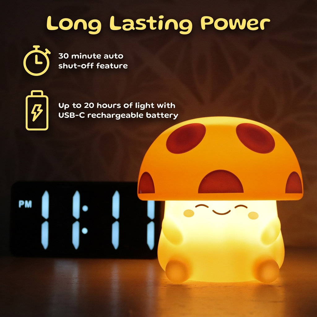 Infographic showing the Mushi mushroom night light's 30-minute auto shut-off timer and USB-C rechargeable battery